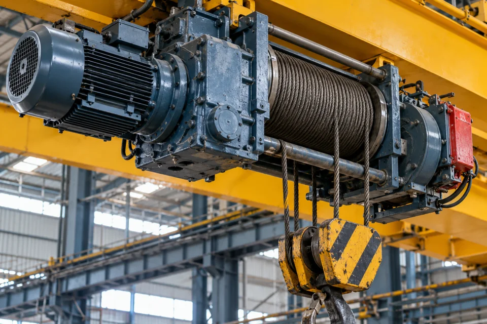 Wire rope hoist motor, gearbox and rope drum mounted on a crane girder