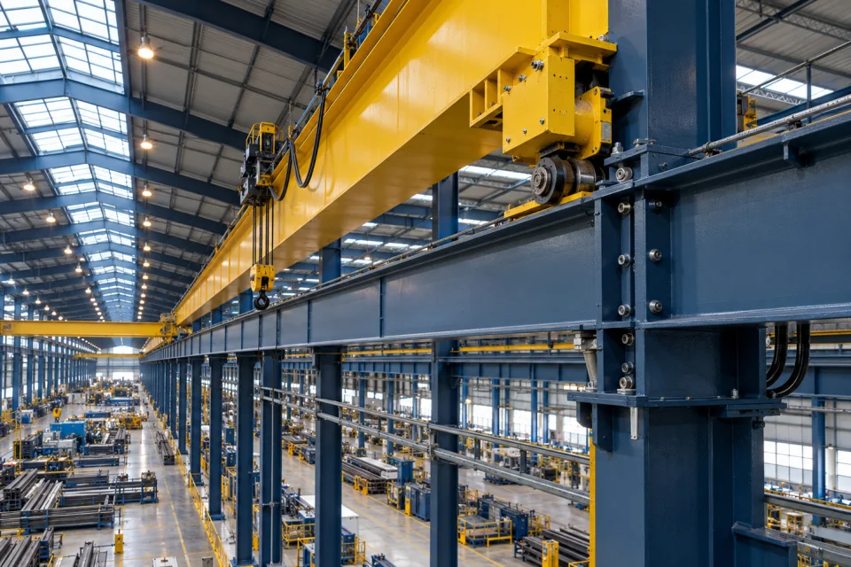 Crane girder and runway structure in a large fabrication hall